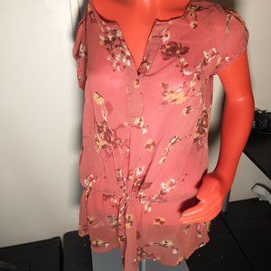A.N.A. - Red Flower Print Sheer Blouse - Size Small